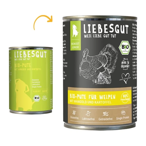 Liebesgut Biokost Junior Hund Mit Pute, Mangold Und Kartoffeln 1 Liebesgut Biokost Junior Hund Mit Pute, Mangold Und Kartoffeln