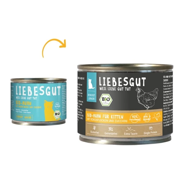 Liebesgut Biokost Junior Katze Mit Huhn, Kokos Und Zucchini 1 Liebesgut Biokost Junior Katze Mit Huhn, Kokos Und Zucchini